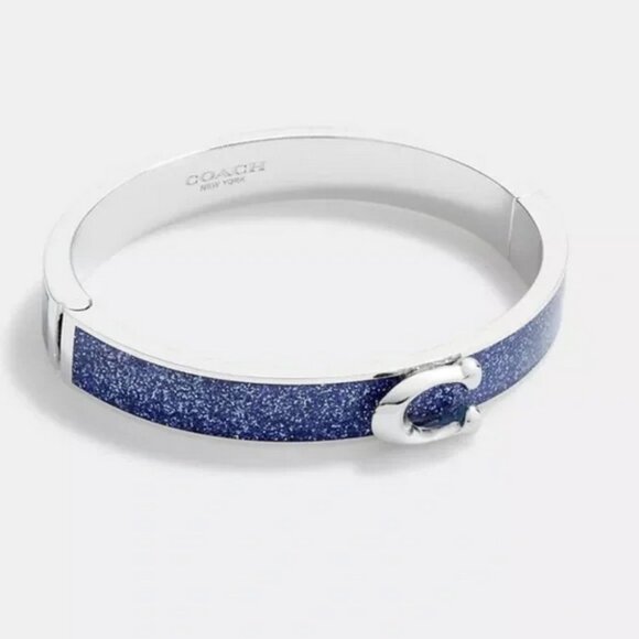 Coach Enamel Hinge Bangle Bracelet in Sparkling Blue and Silver NWT - Picture 1 of 10